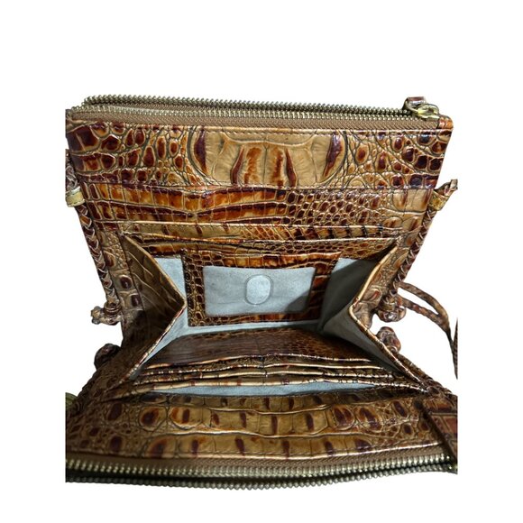 Brahmin Crocodile Embossed Tan Brown Leather Crossbody Bag Double Braided Handle - Picture 4 of 11